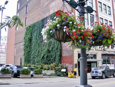 WPC hanging baskets and greener parking lot at 7th Street and Ft. Duquesne Blvd, Downtown Pittsburgh