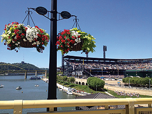 WPC baskets hang near the North Shore of Pittsburgh.