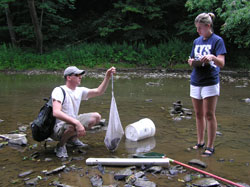 Staff biologist Mike Holiday and intern
Kelly Taylor weigh a Hellbender salamander.