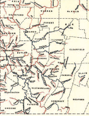A map of waterways in Western Pennsylvania as published in A.E. Ortmann’s
1909 study. Ortmann identified the “good condition” waters in red and the
“unfit for life” waters in blue.