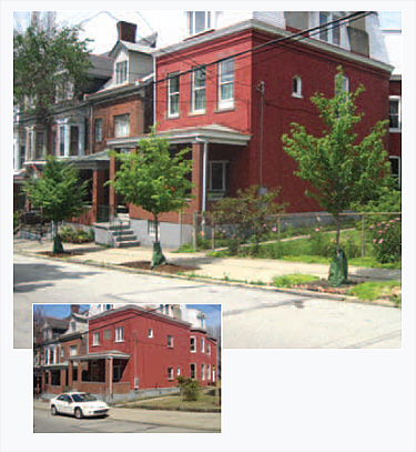 Fisk Street in Pittsburgh’s
Lawrenceville neighborhood,
before and after WPC staff
and volunteers planted
street trees.
