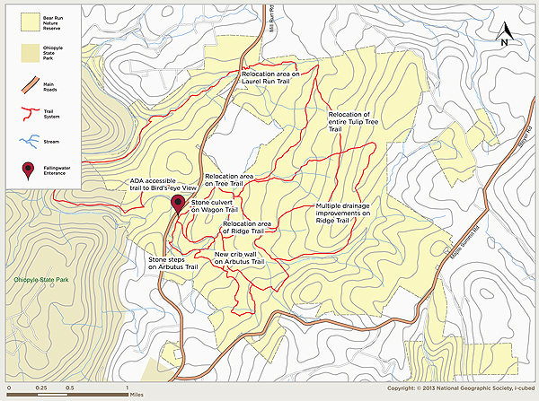 This map illustrates the 20-mile trail system at Bear Run Nature Reserve, including a selection of trail improvements. 