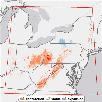 This map shows the potential range shift of Snow Trillium under future climate scenarios (2060). Much of the suitable area in Pennsylvania for snow trillium may disappear