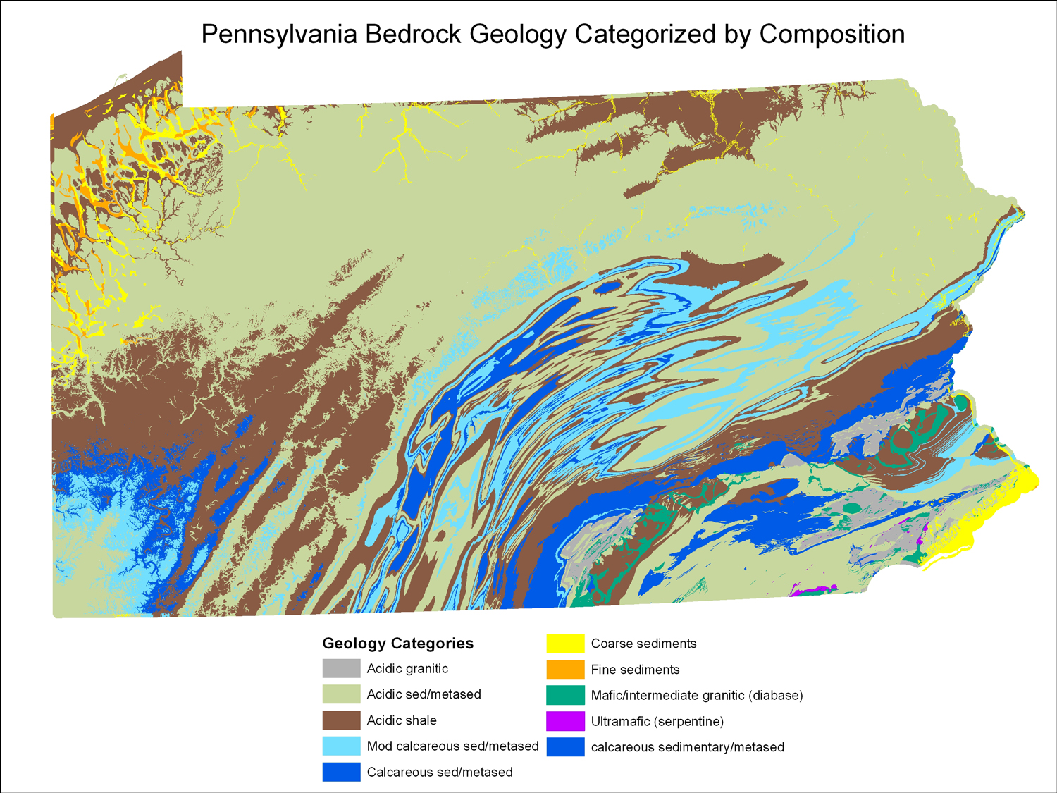 Bedrock geology determines the extent of limestone habitats in Pennsylvania. Blue areas are strongly calcareous, while light blue are moderately calcareous. Glacial deposits in the northwest are also calcareous, and most fens are found along the yellow and orange veins indicating the presence of these sediments