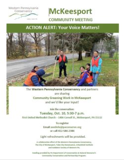 Flier showing people wearing safety vests standing near a freshly planted tree. Advertising a community meeting