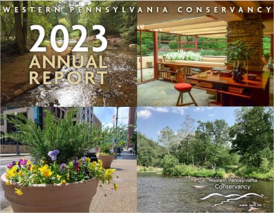 WPC 2023 Annual Report with 4 square images...two streams, one flower planter in Pittsburgh and interior of Fallingwater