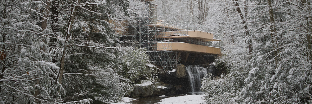 Fallingwater in the winter during Preservation work taking place Fallingwater in the winter during Preservation work taking place