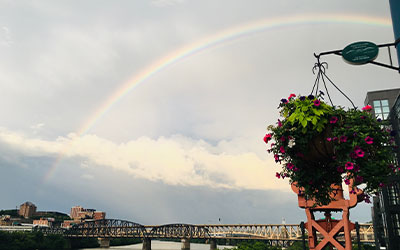 Rainbow over Pittsburgh and planter from Western Pennsylvania conservancy