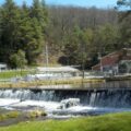 Callen Run dam, approximately 5 deet high, near the Heath Township Sportsmen's club fish hatchery, with high water flowing over the dam