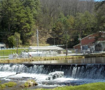 Callen Run dam, approximately 5 deet high, near the Heath Township Sportsmen's club fish hatchery, with high water flowing over the dam