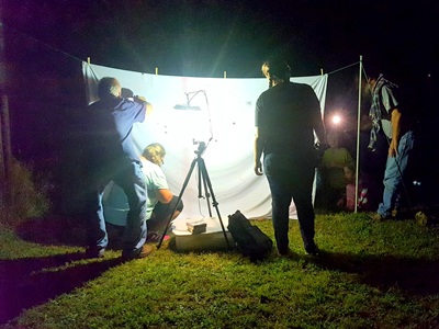 People stand before a sheet hung outside at night. it is backlit and moths are on the sheet.